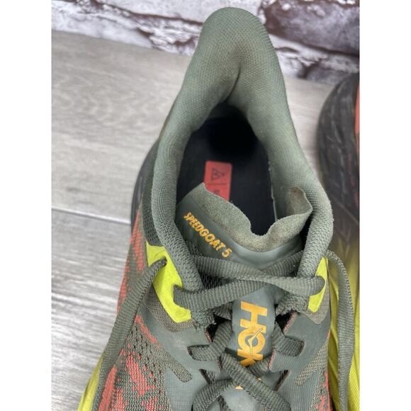 Hoka One Speedgoat 5 Thyme Fiesta Gray Fabric Red Yellow Gym Shoes Men 12 2E US main image 11